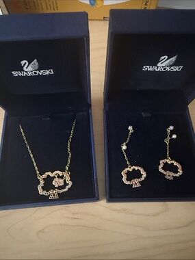 Swarovski Pink Crystal Flower Pendant Necklace and Drop Earrings Set
